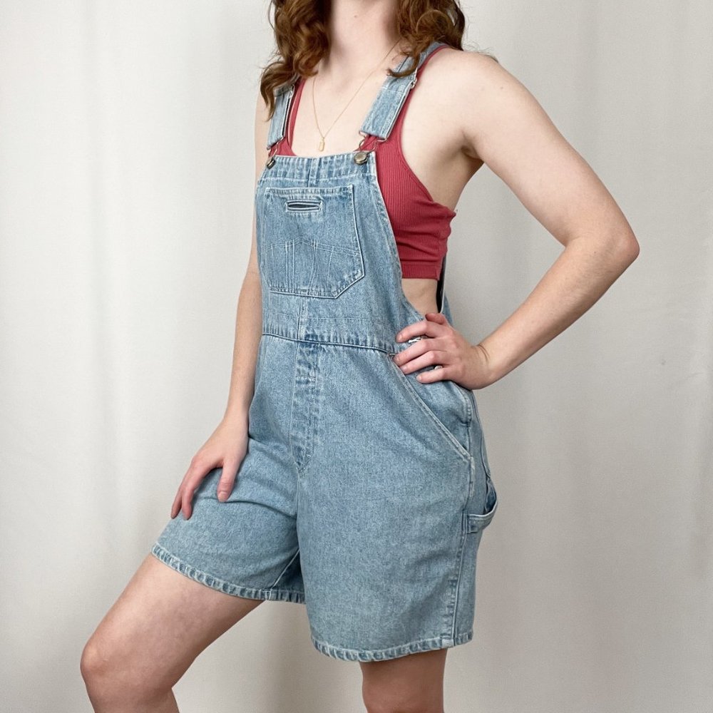 Vintage Oversized Rigid Denim High Rise Straight Leg Jean Romper Overall Shorts - Picture 9 of 10
